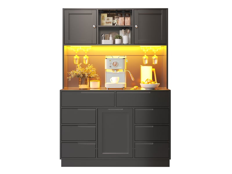  Meuble de cuisine noir avec éclairage à del, 8 tiroirs et étagères réglables, 120 × 40 × 183,5 cm  - Conforama B