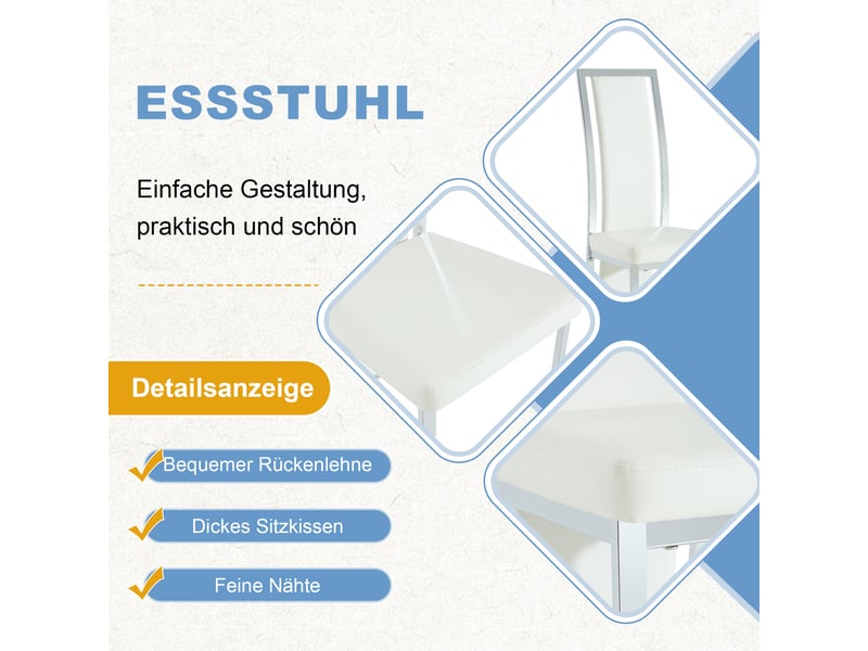  Lot de 4 chaises de salle à manger en cuir pu blanc avec cadre en métal argenté, dossier haut 109 cm  - Conforama D