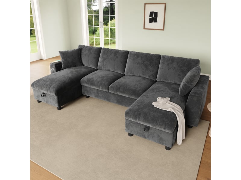  Canapé panoramique 2 places gris en chenille, 279 × 135 × 84 cm, avec rangement et usb et type-c, pour salon  - Conforama E