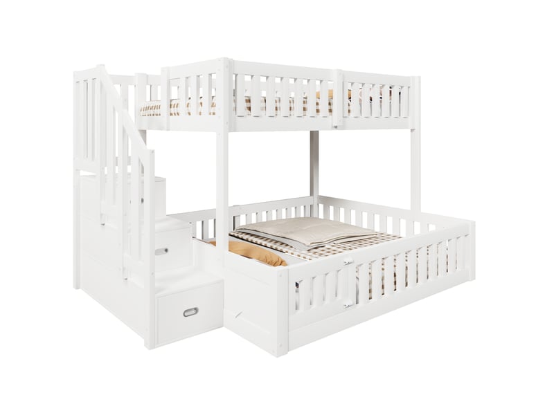  Lit superposé bas enfant 90 x 200 cm et 140 x 200 cm, échelle 3 marches avec rangement, barrières de sécurité intégrales, sommiers à lattes, sans matelas, bois massif, blanc evarich - Conforama A