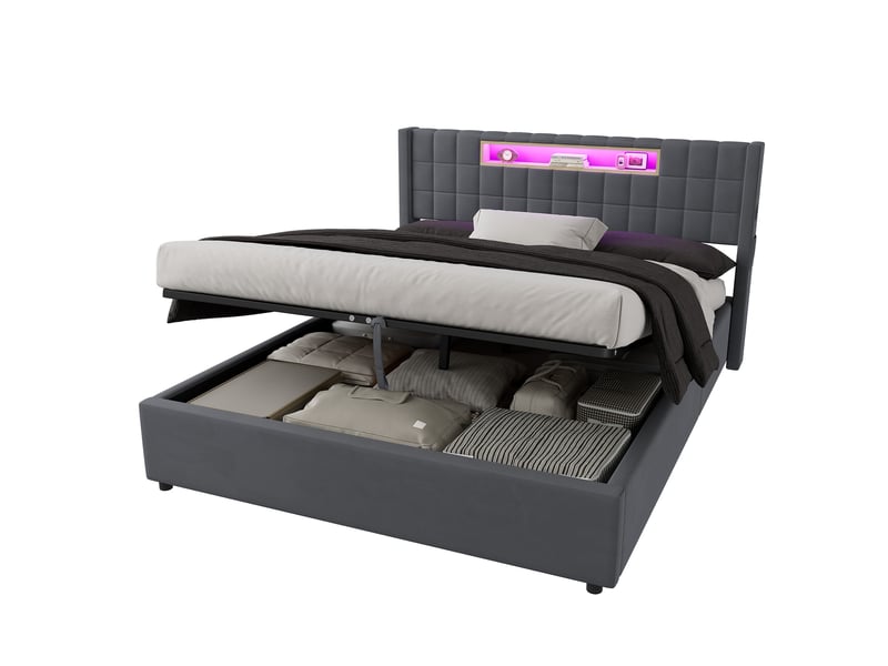  Lit coffre 160x200 cm, lit double adulte avec led et rangement, métal, gris (sans matelas)  - Conforama A