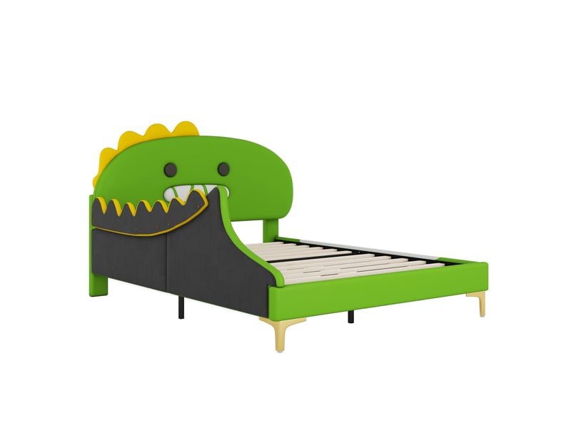  Lit enfant dinosaure vert 140x200 cm au sol en similicuir pu rembourré  - Conforama D