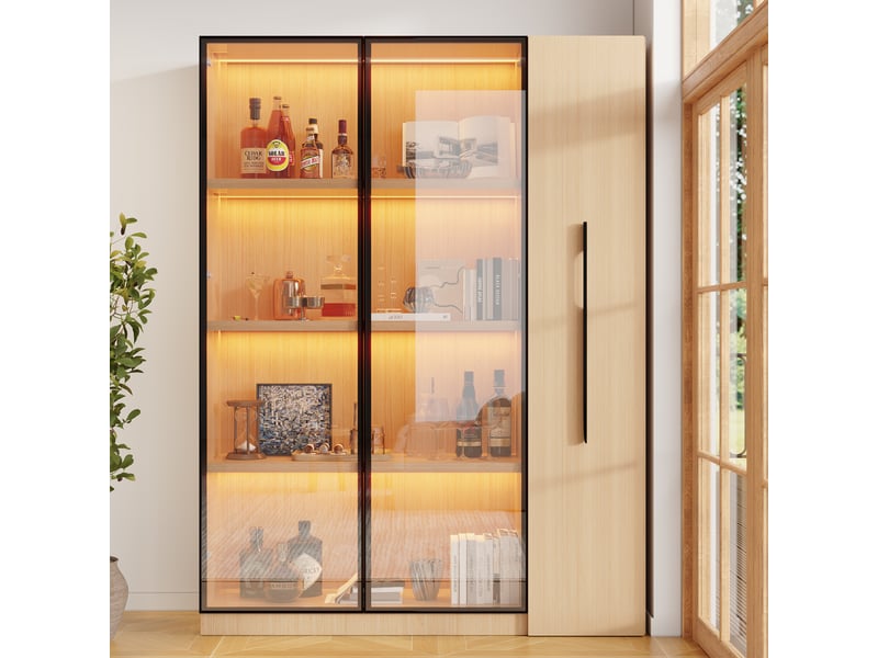 Vitrine led verre 110x35x160cm meuble de rangement bibliothèque avec 2 portes vitrée tiroir latéral coulissant - chêne  - Conforama C