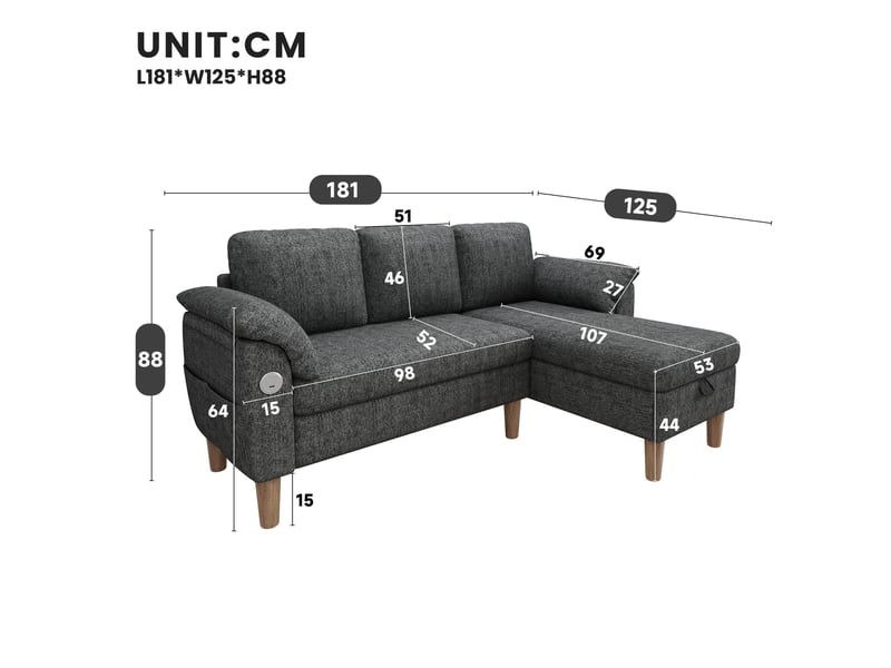 Canapé d'angle xxl 3 places 181x125 cm avec méridienne réversible, rangement intégré, usb et usb-c, tissu chenille - gris OPULERANE TRADING LTD - Conforama C