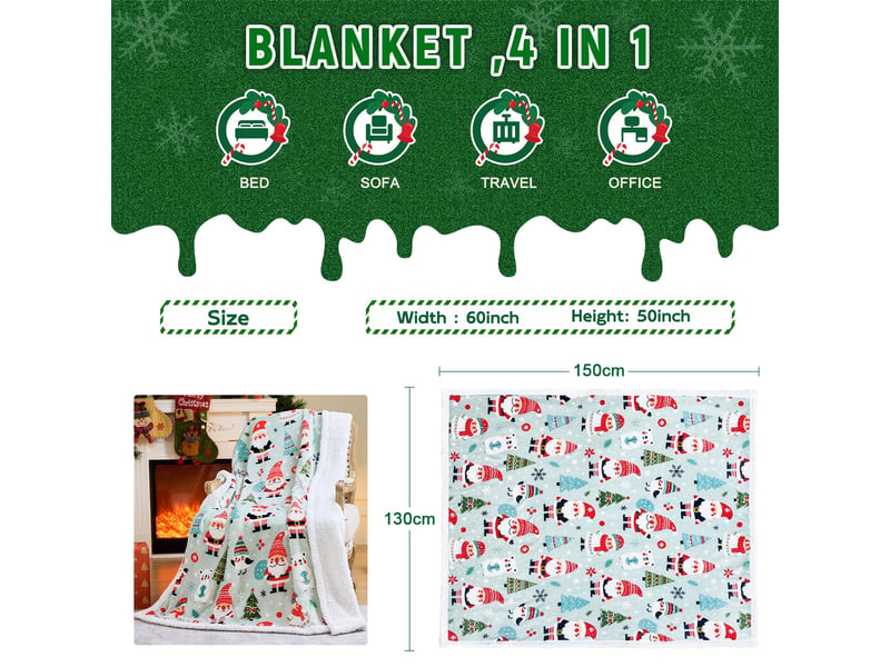Plaid de noël en polaire sherpa et flanelle 130 × 150 cm, couverture douce et moelleuse motif gnome de noël, jeté chaud pour canapé, fauteuil et lit - Conforama E