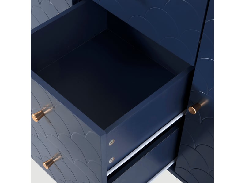  Buffet 120x40x83 cm, 2 portes, 3 tiroirs, motif écailles, étagère réglable, panneau de particules et métal, bleu marine  - Conforama E