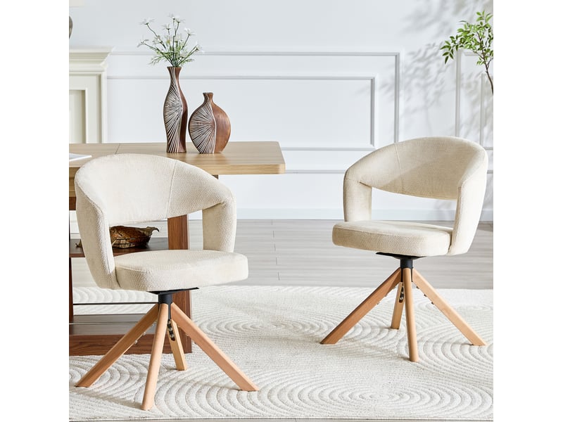  Lot de 2 chaises de salle à manger pivotantes 360°, 58,5x47,5x81,5 cm, dossier incurvé, tissu texturé et bois, blanc crème  - Conforama B