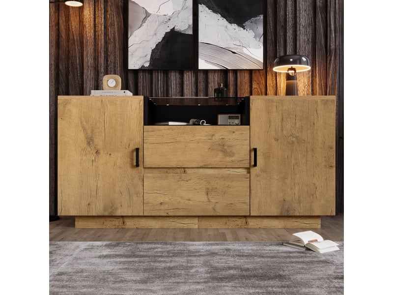  Commode à 2 tiroirs et 2 portes, 140 x 40 x 70 cm, niche ouverte et verre trempé teinté, effet chêne clair  - Conforama D