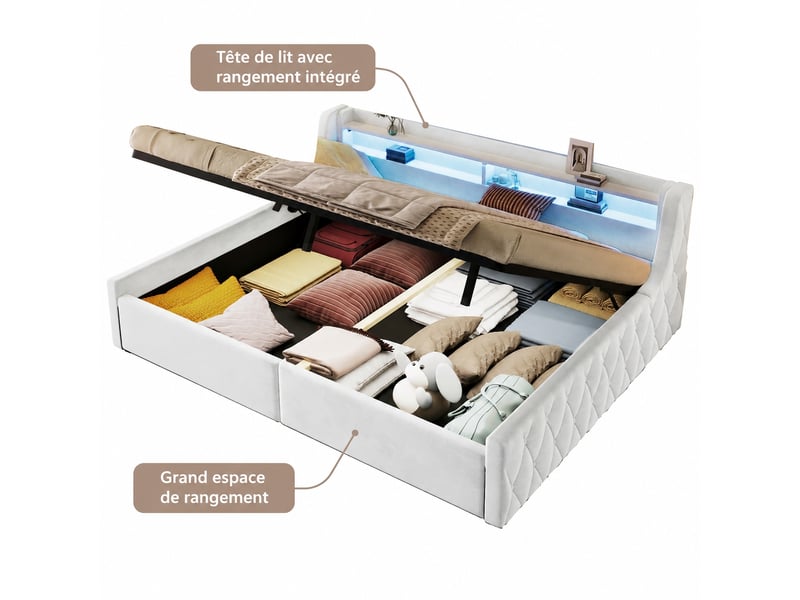  Lit coffre hydraulique 140 x 200 cm en velours beige avec éclairage led multicolore, sans matelas  - Conforama A