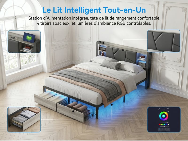  Lit 2 places 140x200 cm - pu noir - led rgb, usb, rangement et 2 tiroirs  - Conforama D