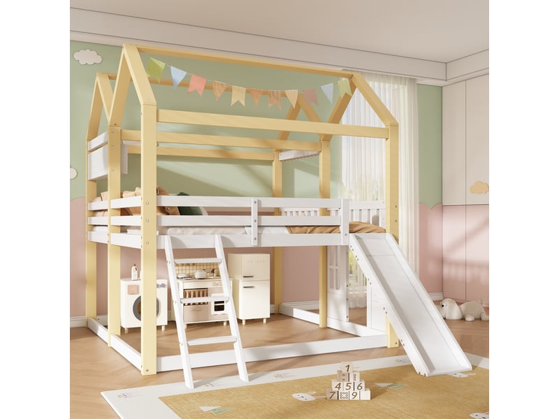  Lit mezzanine enfant 90x200 cm – blanc et naturel – avec toboggan, échelle et espace de jeu  - Conforama E