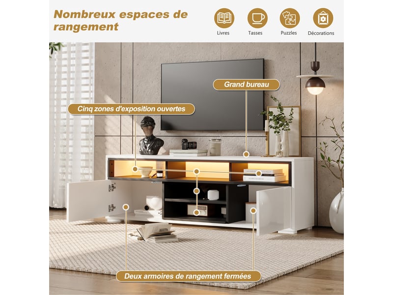 Meuble tv led pour petit salon, meuble tv 150 cm pour téléviseur 65 pouces, blanc brillant et noir avec rangements - Conforama R