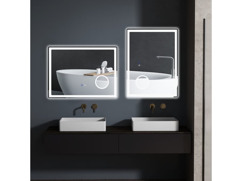  Miroir de salle de bain led kleankin avec grossissement x3 et fonction tactile, 80 x 60 cm, 3 couleurs d'éclairage, antibuée  - Conforama B