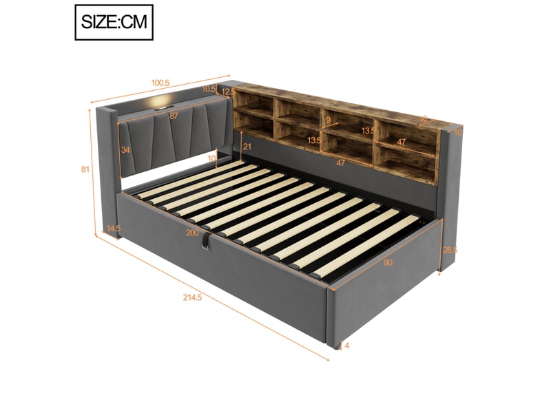 Lit coffre simple 90x200 cm avec veilleuse usb et type-c, gris foncé, sans matelas - Conforama C