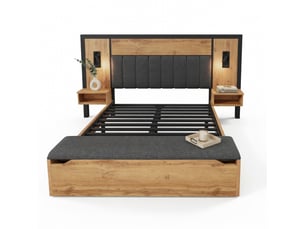 Lit double 160x200 cm avec tête de lit rembourrée, lampe de lecture usb-c, table de nuit, banc de rangement, sommier en métal et bois, lin chêne, matelas inclus