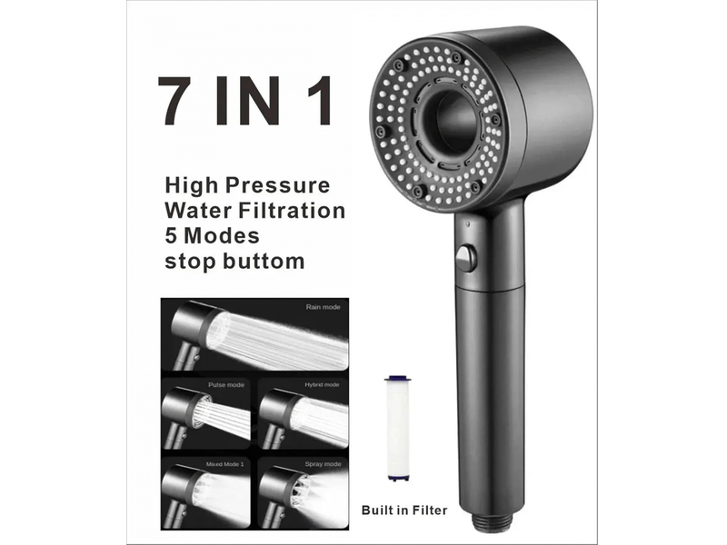  Pommeau de douche 7 en 1, 5 modes réglables, haute pression, économie d'eau, filtre portable, crochet, tuyau, accessoires de salle de bain  - Conforama B
