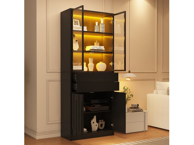 Buffet haut 70x37x180 cm, éclairage led, en panneaux de particules avec 2 tiroirs, style contemporain, coloris noir - Conforama B