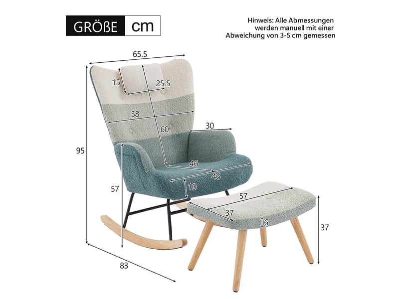  Fauteuil à bascule 83x65,5x95 cm, dossier 60 cm, poche latérale, coussin épais, pieds bois, bouclé multicolore  - Conforama C