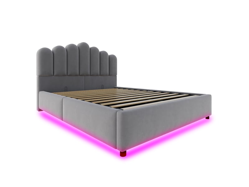  Lit coffre 140 × 200 cm 2 places avec led multicolore et rangement hydraulique, sans matelas, velours gris  - Conforama E