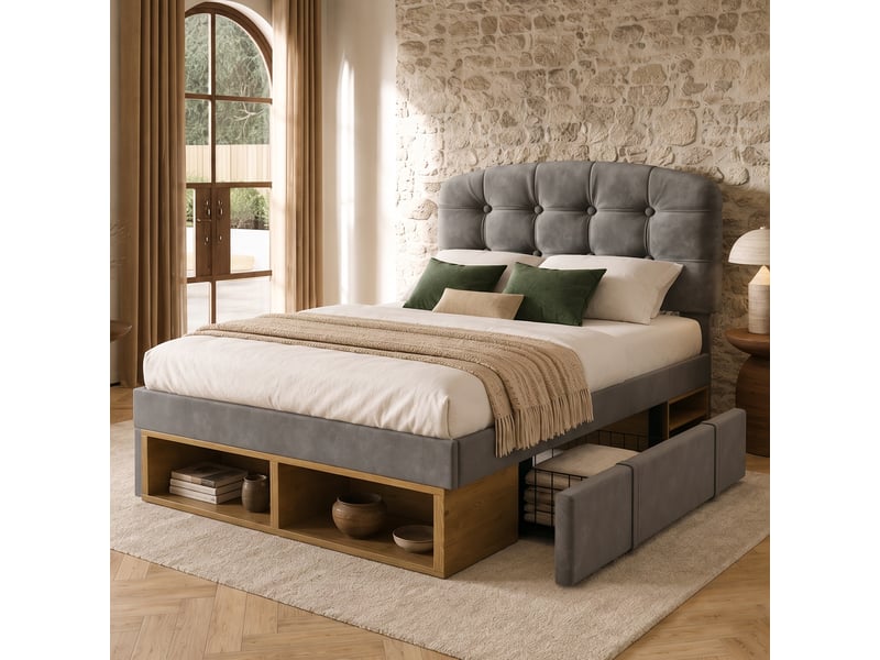 Lit avec rangement gris 90x200 cm avec tiroirs et sommier à lattes inclus - Conforama B