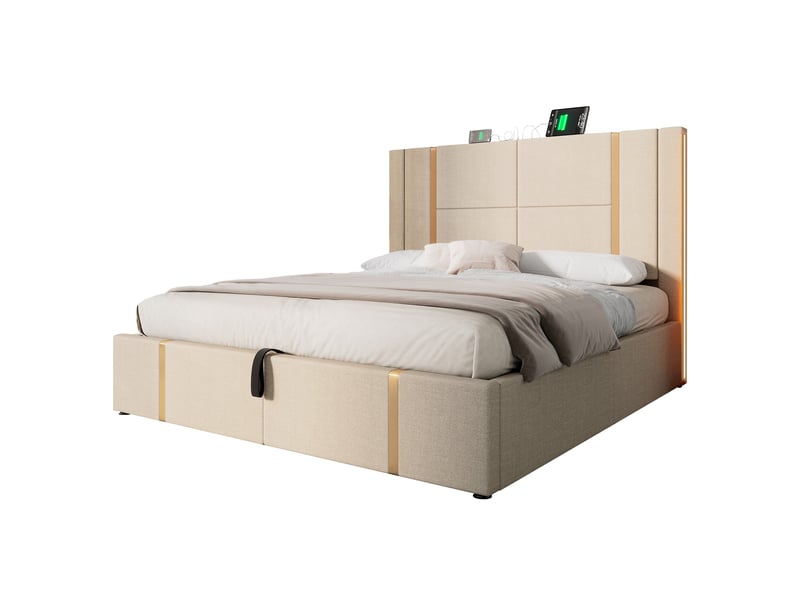  Lit coffre 160x200 en lin beige, led et ports usbusb-c, sommier inclus  - Conforama A