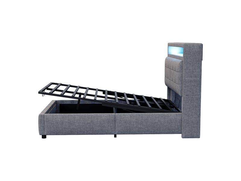  Lit coffre 2 places - 140x200 cm - led intégrée - rangement hydraulique - tête de lit avec étagères  - Conforama R