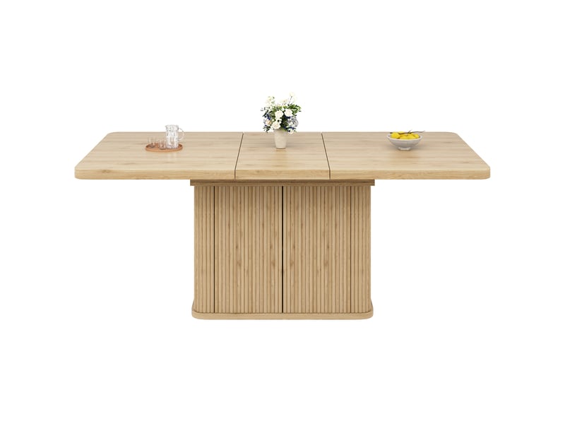  Table à manger extensible 140-180 cm effet bois clair avec rangement et relief rainuré  - Conforama A