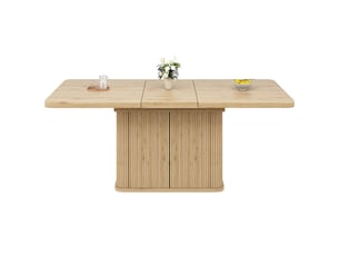 Table à manger extensible 140-180 cm effet bois clair avec rangement et relief rainuré