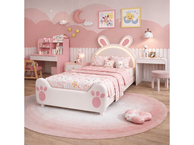  Lit fille 90x200 - oreilles de lapin led réglable et tête de lit- sommier à lattes - lit enfant rembourré princesse, lit enfant 90x200 avec sommier led, oreilles de lapin et tête de lit - lit fille 1 personne, design princesse m…  - Conforama B