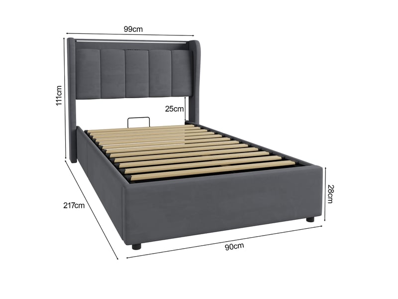  Lit coffre 90x200 avec veilleuse et prise électrique, lit pour adolescents avec de rangement, lit simple, couleur gris foncé, sans matelas  - Conforama C