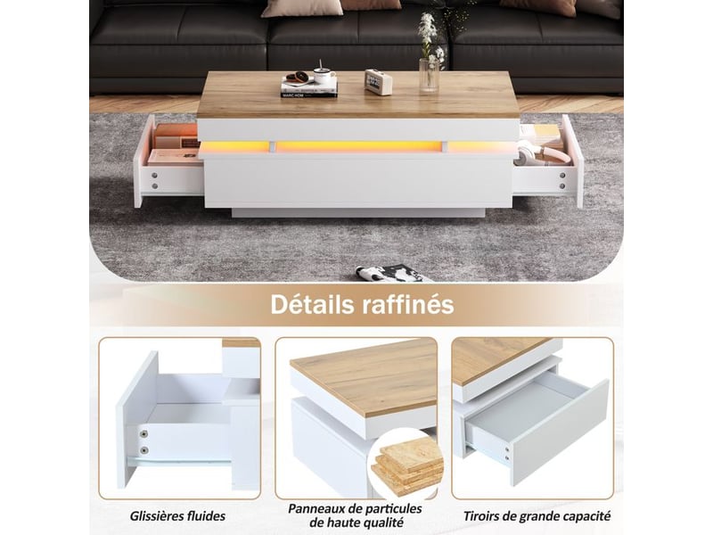  Table basse led - dimensions - blanc + ton bois - éclairage led intégré - 2 tiroirs avec glissières 100x50x35cm - Conforama D