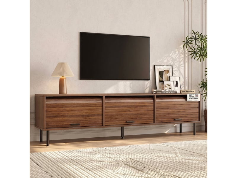 Meuble tv noyer 180 cm avec 3 portes coulissantes, pieds en métal noir - Conforama B