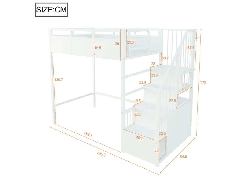  Lit mezzanine enfant 90 x 200 cm avec échelle de rangement réversible, garde-corps haut, led, structure en métal et panneaux bois, blanc  - Conforama E