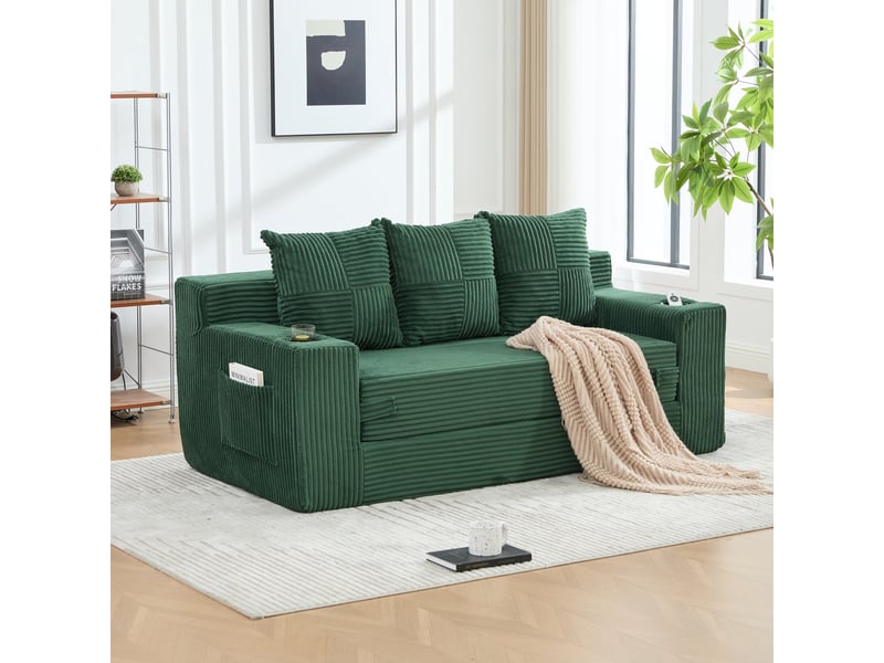  Canapé trois places avec porte-gobelets et poches latérales, design sans cadre, larges assises - vert  - Conforama B