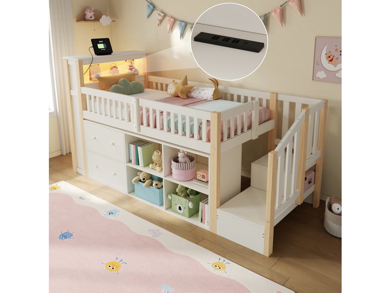  Lit mezzanine 90 x 200 cm, avec tiroirs, compartiments de rangement, armoire en forme de trapèze, éclairage led, matelas non inclus, nature  - Conforama B