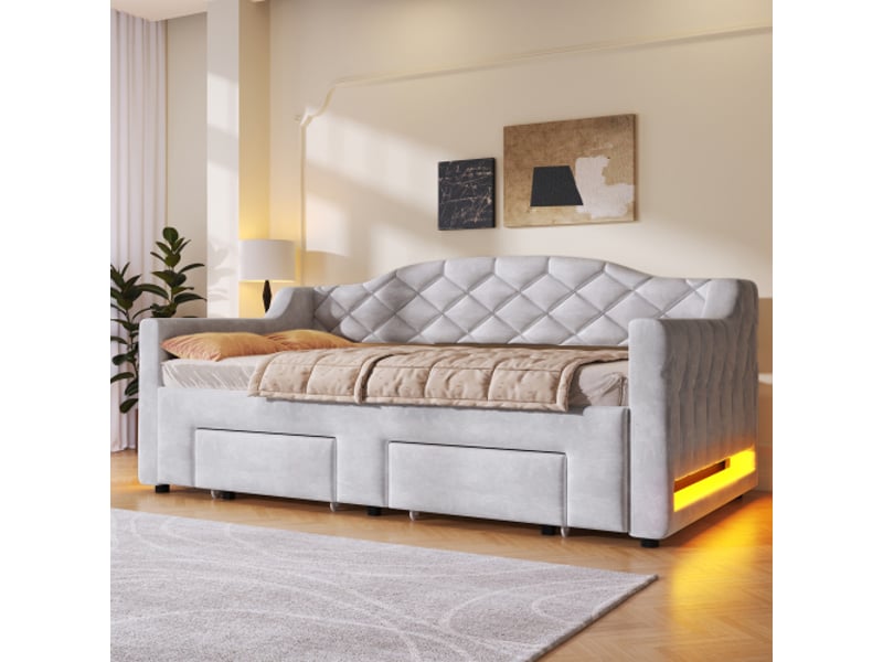  Lit gigogne 90x200 cm extensible à 180x200 cm, avec 2 tiroirs et led, en velours, gris  - Conforama C