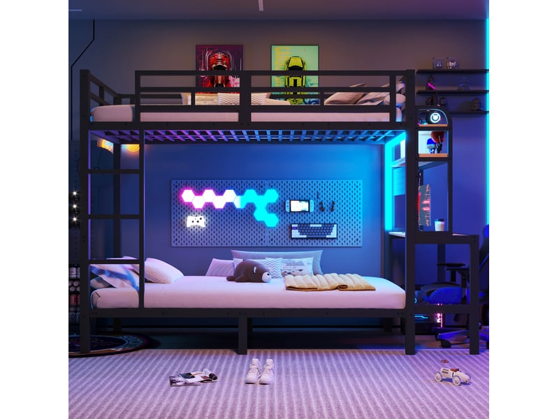 Lit superposé enfant 90 x 200 cm avec bureau, led, usb et étagères, noir et blanc  - Conforama D