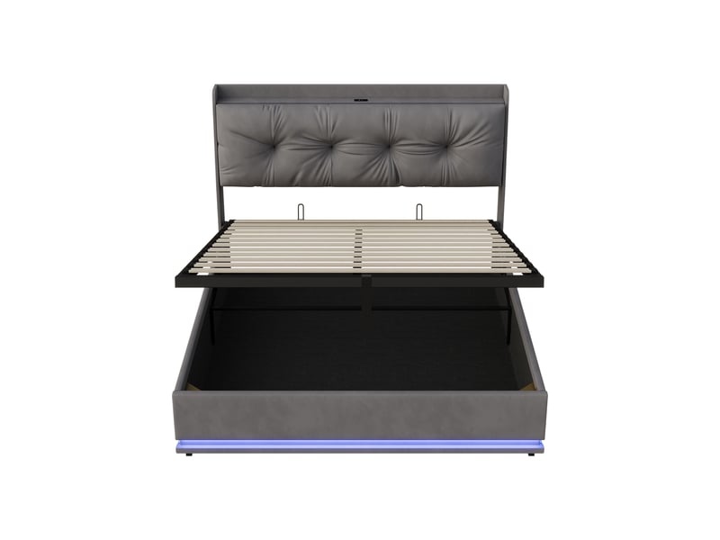  Lit coffre 140x190cm - lit double 140x190 avec rangement, tête de lit, led rgb, prises usbtype-c et poches latérales - gris  - Conforama A
