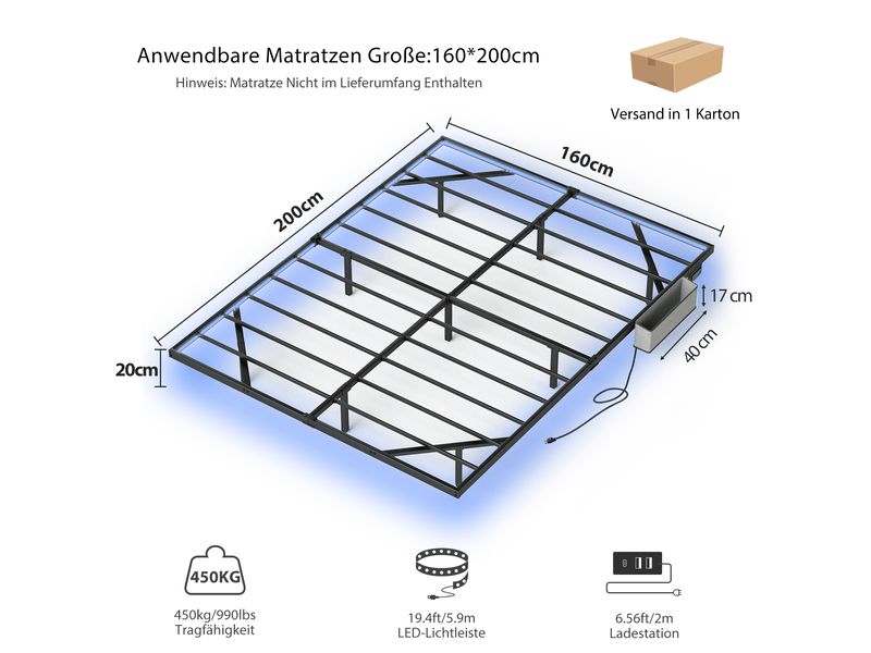  Lit double 160×200 cm flottant avec led réglable, usb et type-c - okmyhome- acier noir, sans matelas  - Conforama D