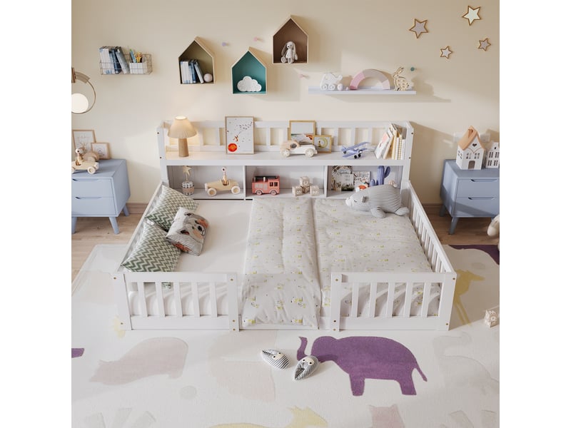  Lit enfant montessori 140x200 cm, lit simple, lit au sol montessori avec bibliothèque et barrières, bois, sommier, blanc  - Conforama D