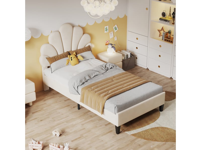  Lit enfant 90 × 200 cm 1 place avec tête de lit fleur rembourrée, sans matelas, en velours beige  - Conforama C