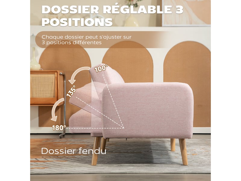 Canapé convertible 2 places design scandinave pieds bois tissu aspect lin rose dossier inclinable 3 positions  - Conforama E