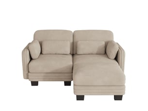 Canapé d’angle modulable 2 places en tissu chenille marron clair avec pouf assorti, coussins et cadre en bois massif