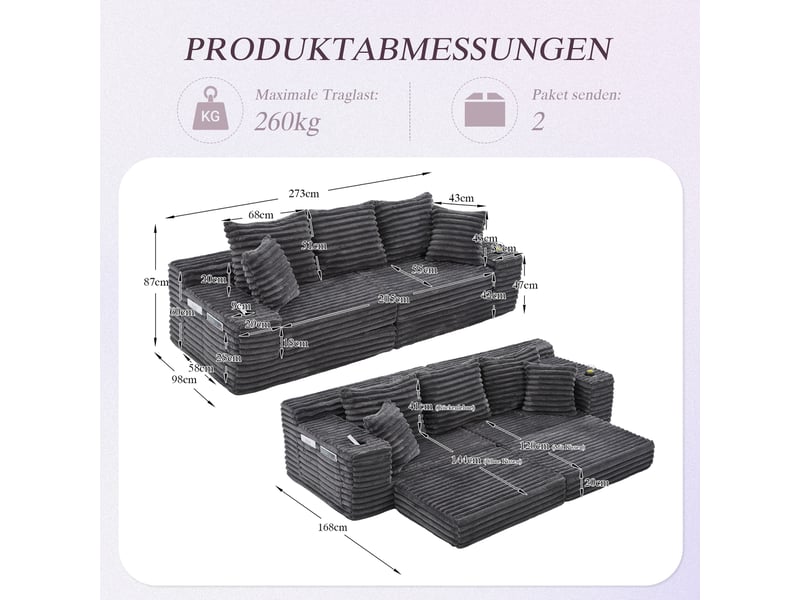 Canapé convertible 4 places en velours côtelé gris foncé, 273 x 98 x 87 cm, porte-gobelets, poches latérales, livré compressé, agencement modulable CARDUME ESTIVAL - Conforama C
