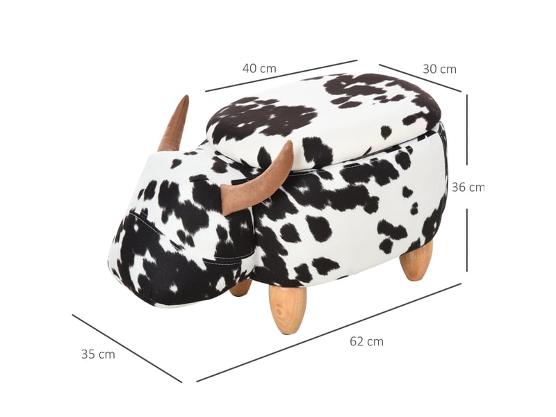  Pouf animal vache avec rangement 62 x 35 x 36 cm noir et blanc, assise en tissu flanelle, pieds en bois d'hévéa  - Conforama C