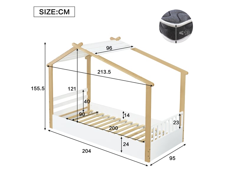  Lit cabane enfant 90x200 cm, lit maison bois avec sommier, chambre d'enfant, bois et mdf, blanc naturel, sans matelas  - Conforama C