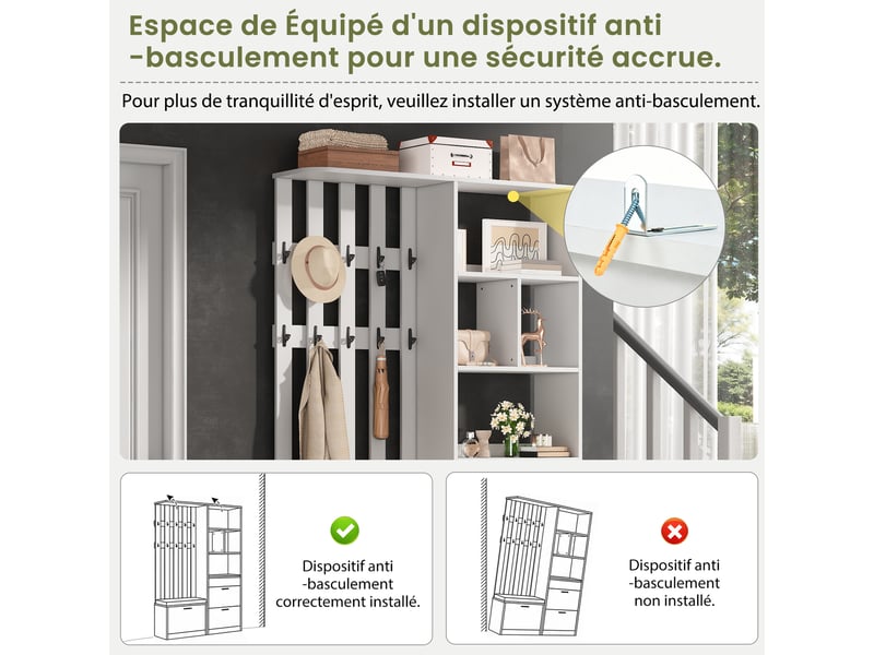  Meuble d'entrée avec banc rembourré, 2 portes, 2 abattants à chaussures, tiroir et 10 patères, 120 × 30 × 200 cm  - Conforama E