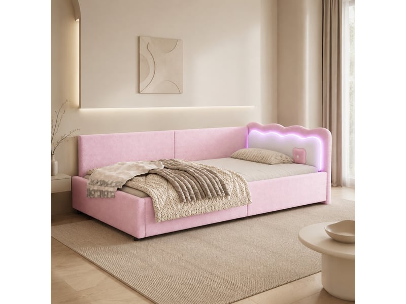  Lit banquette enfant 90x200 cm en velours rose avec led réglable et sommier à lattes  - Conforama B