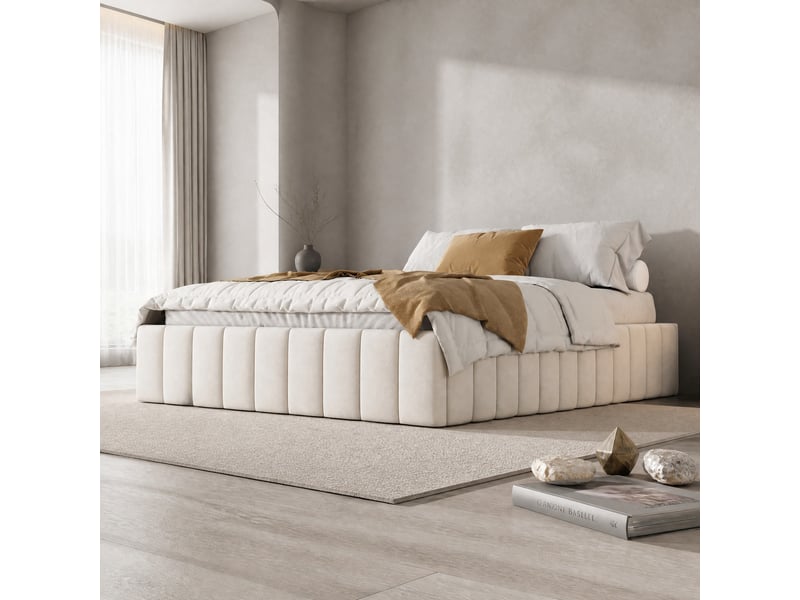 Lit avec tiroirs double 140×200 cm, 4 tiroirs, rangement  - sans matelas, velours - beige  - Conforama B