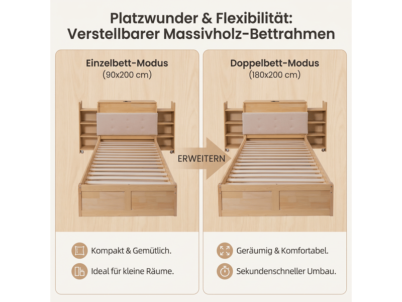  Lit gigogne enfant 90x200 cm extensible en lit double 180x200 cm, bois massif avec tête de lit étagères et roulettes, rangement, naturel  - Conforama D